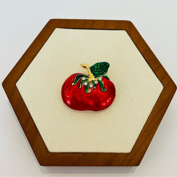 Signed Saxon Red Tomato Enamel Brooch with Crystal Accents - Picture 2 of 4